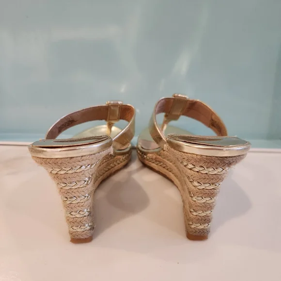 Michael Kors Gold Espadrilles. Gold Wedge heel slip on dress sandals. - Picture 4 of 11